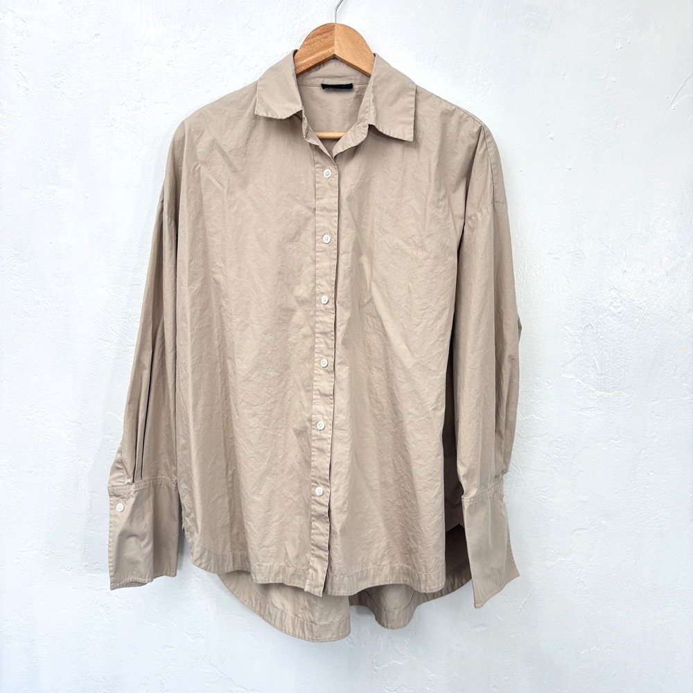 ATM Cotton Poplin Button Up Shirt Blouse Women Size Large? Beige Long Sleeve